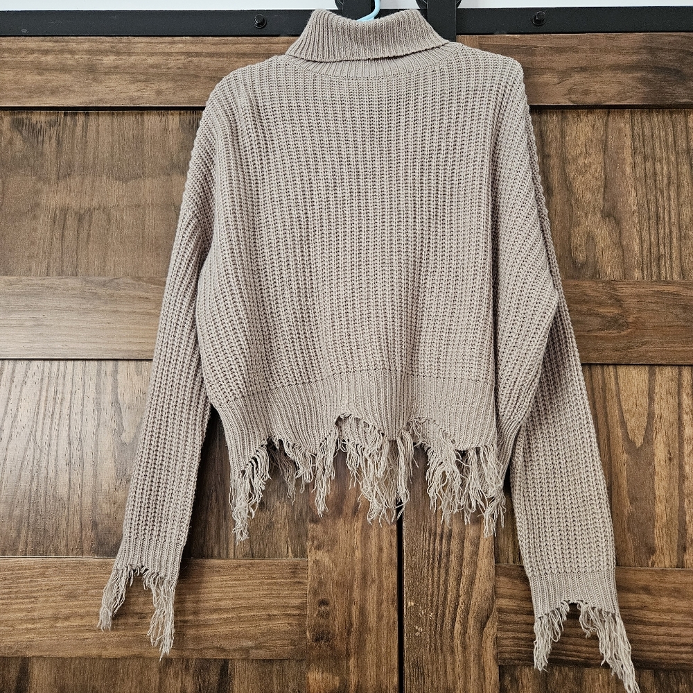 Roll Fold Mock M Sweater Taupe Gray Brown Distressed Jagged Frayed Turtleneck